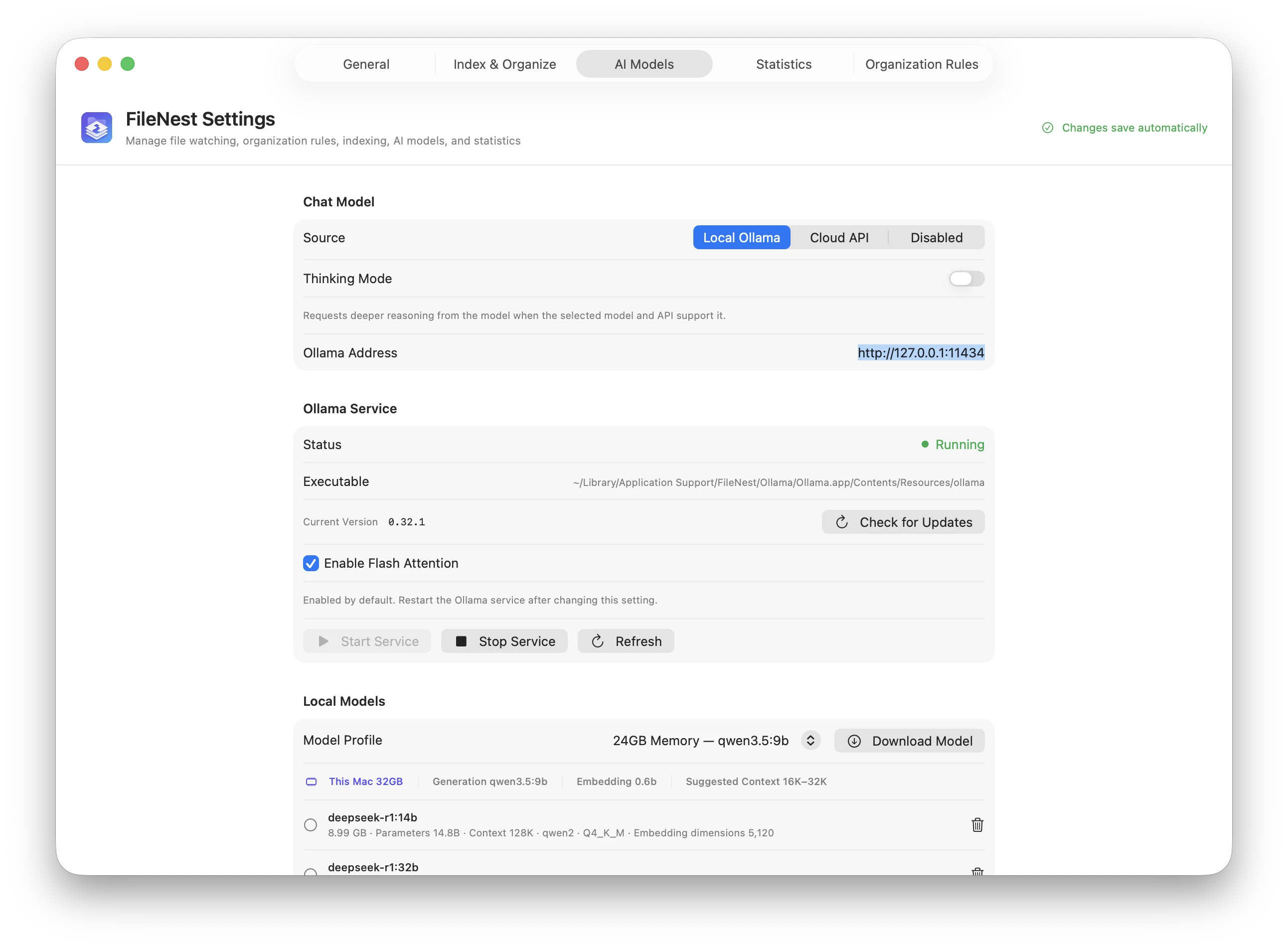 FileNest settings for local models and indexing